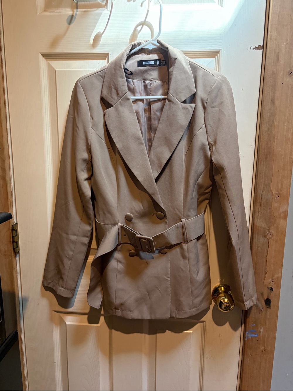 Taupe Double-Breasted Belted Blazer